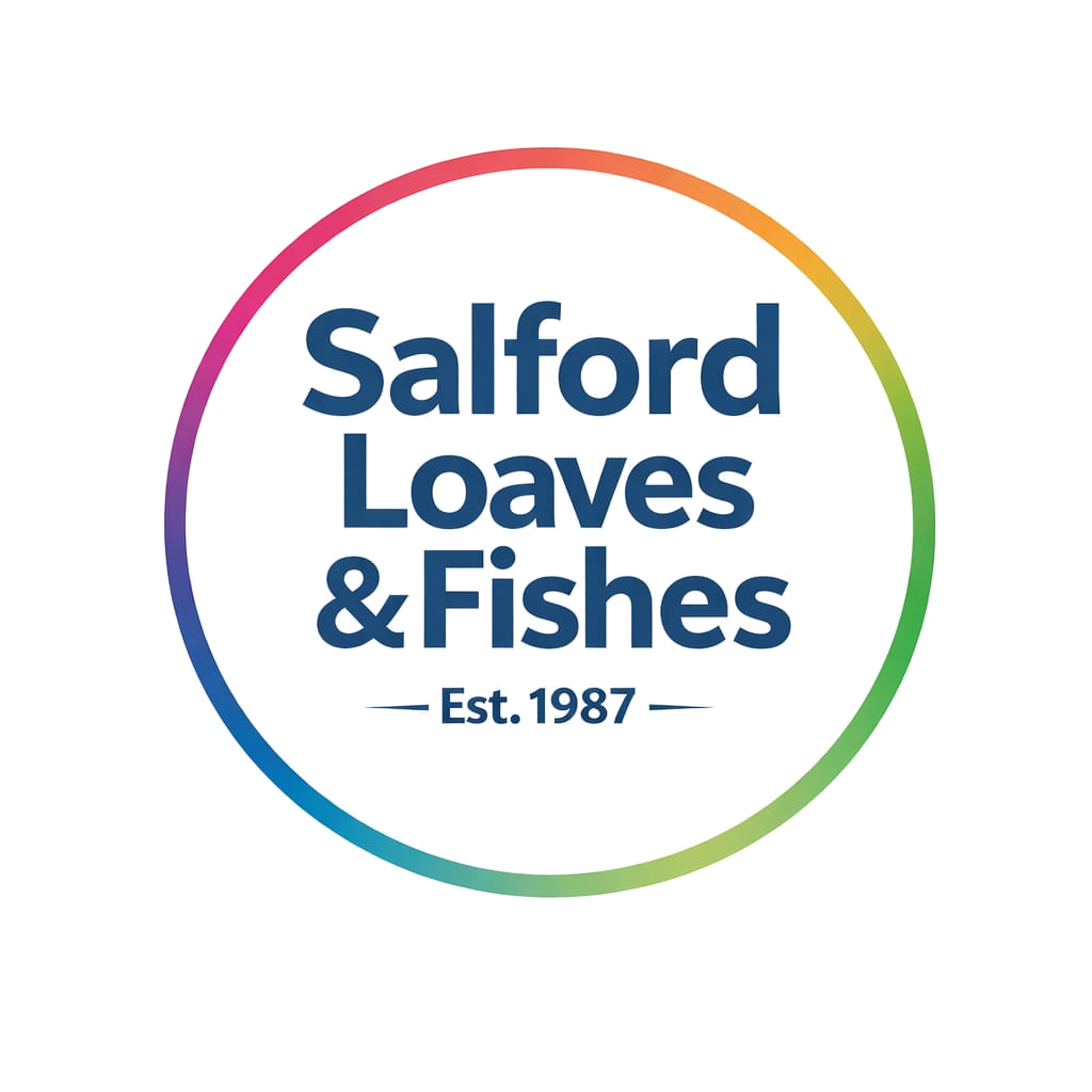 A rainbow circle with the text 'Salford Loaves & Fishes' inside