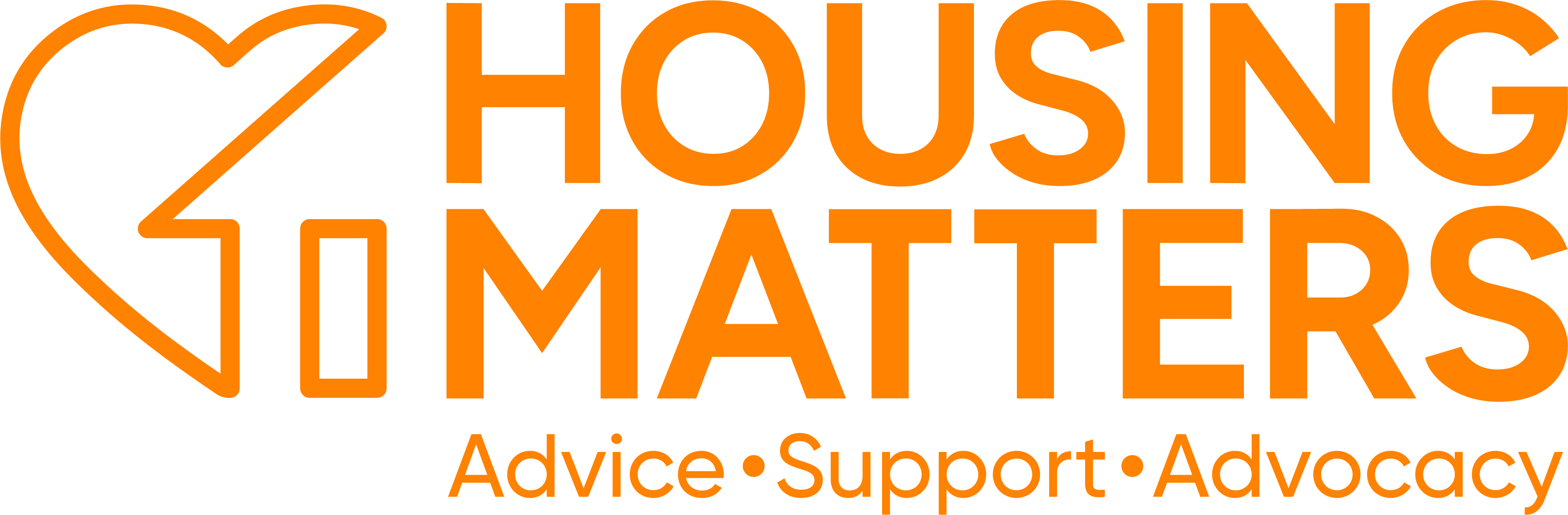 Text reading 'Housing Matters' with 'Advice. Support. Advocacy' below and a logo of a house and a heart to the left, all in orange