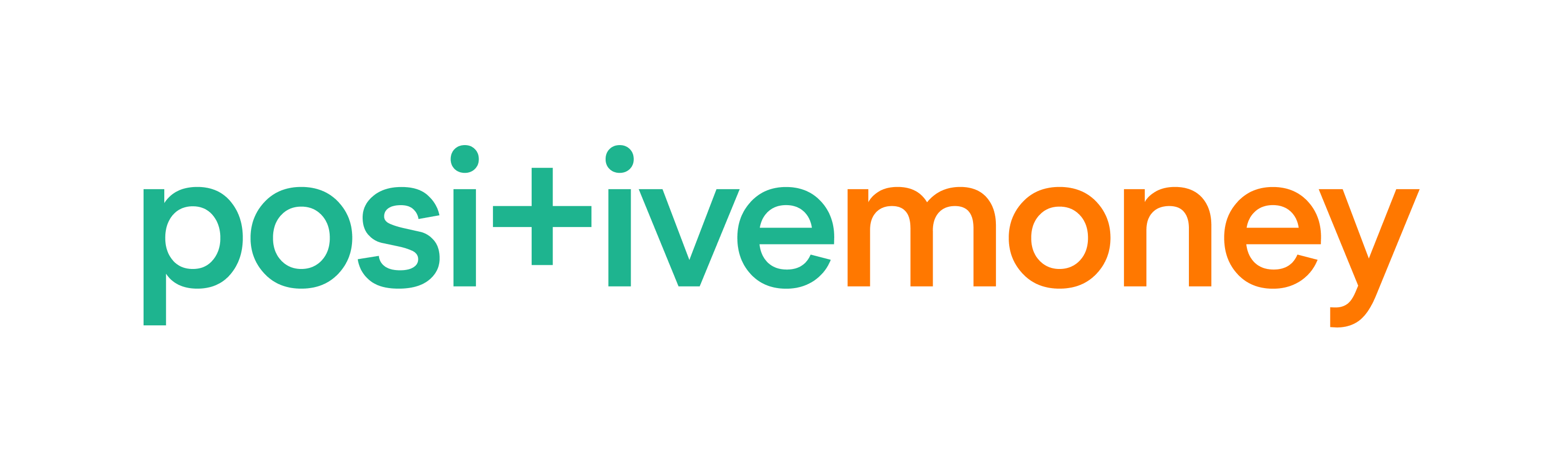 Text reading positivemoney in teal and orange